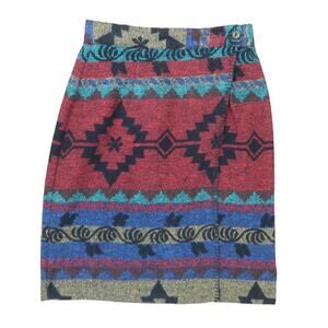 Vintage 80s red and blue geometric print knit mini wrap skirt 6